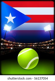 Puerto Rico Flag and Tennis Ball on Stadium Background Original Illustration
