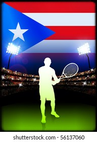 Puerto Rico Flag and Tennis Player on Stadium Background Original Illustration