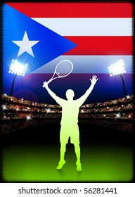 Puerto Rico Flag and Tennis Player on Stadium Background Original Illustration