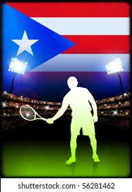 Puerto Rico Flag and Tennis Player on Stadium Background Original Illustration