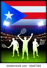 Puerto Rico Flag and Tennis Player on Stadium Background Original Illustration