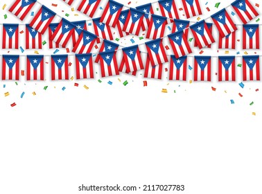 Puerto Rico flags garland white background with confetti, Hanging bunting for Independence Day celebration template banner, Vector illustration