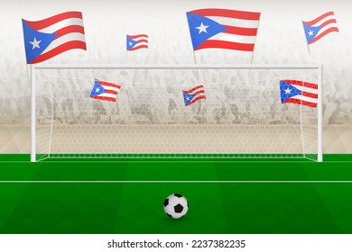 Puerto Rico football team fans with flags of Puerto Rico cheering on stadium, penalty kick concept in a soccer match. Sports vector illustration.