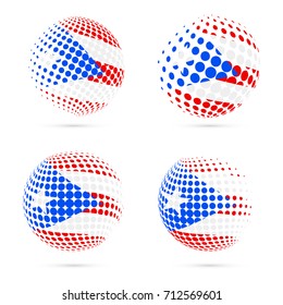 Puerto Rico halftone flag set patriotic vector design. 3D halftone sphere in Puerto Rico national flag colors isolated on white background.