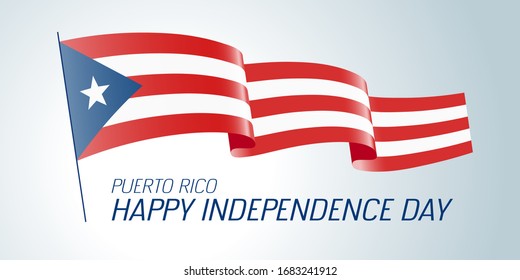 Puerto Rico Happy Independence Day Greeting Card, Banner Vector Illustration. Puerto Rican National Holiday Design Element With Waving Flag On The Pole