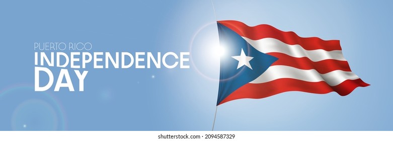 Puerto Rico happy independence day greeting card, banner with template text vector illustration. Puerto Rican memorial holiday design element with 3D flag with stripes