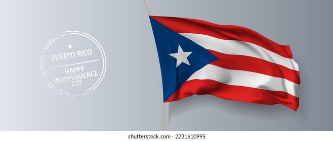 Cartel de bienvenida del Día de la Independencia de Puerto Rico, cartel con ilustración de texto de plantilla vectorial. Elemento de diseño de festividades conmemorativas puertorriqueñas con bandera 3D con rayas