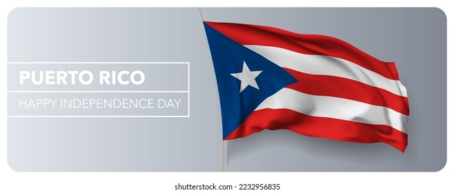 Puerto Rico happy independence day greeting card, banner vector illustration. Puerto Rican national holiday design element with 3D waving flag on flagpole
