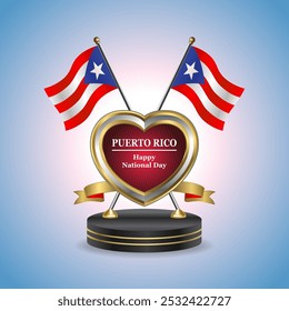 Puerto Rico Feliz Día Nacional Bandera de mesa Pequeña con corazón de oro