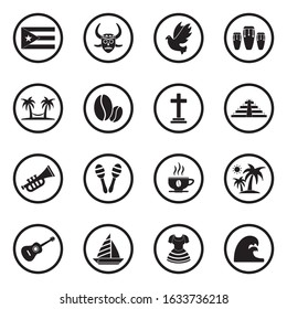 Puerto Rico Icons. Black Flat Design In Circle. Vector Illustration.
