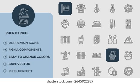Puerto Rico Icons set. Vector illustration in modern thin line style of business related icons: teamwork, documents, devices, and more. Pictograms and infographics for mobile apps.