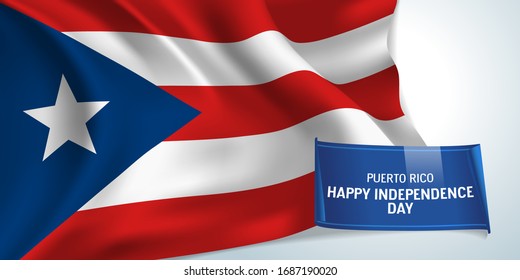 Puerto Rico independence day greeting card, banner vector illustration. Puerto Rican national holiday design element with bodycopy and waving realistic flag