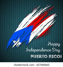 Puerto Rico Independence Day Patriotic Design. Expressive Brush Stroke in National Flag Colors on dark striped background. Happy Independence Day Puerto Rico Vector Greeting Card.