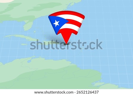 Puerto Rico Location Highlighted on Map with Flag Icon. Detailed Vector Design.