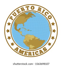 Puerto Rico logo. Round badge of the country with a map of Puerto Rico in a world context. Country sticker stamp with a globe map and round text. Vector illustration.
