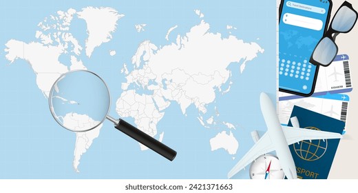 Puerto Rico is magnified over a World Map, illustration with airplane, passport, boarding pass, compass and eyeglasses. Vector illustration.
