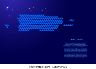 Puerto Rico map from 3D blue cubes isometric abstract concept, square pattern, angular geometric shape, glowing stars. Vector illustration.