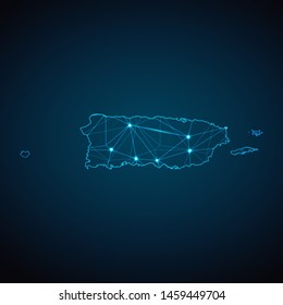 Puerto Rico Map - Abstract geometric mesh polygonal network line, structure and point scales on dark background with lights in the form of cities. Vector illustration eps 10.