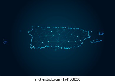 Puerto Rico map with Abstract mash line and point scales on Dark background . design polygon sphere . Wire frame 3D mesh polygonal network line . Vector illustration eps 10.