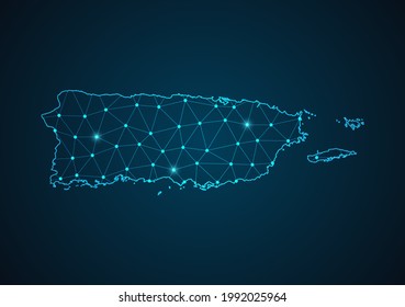 Puerto Rico map Abstract mash line and point scales on dark background. Wire Frame 3D mesh polygonal network line. Network line, design sphere, dot and structure vector.