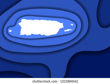 Puerto Rico map abstract schematic from blue layers paper cut 3D waves and shadows one over the other. Layout for banner, poster, greeting card. Vector illustration.