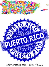 Puerto Rico Karte Abstraktion. Splash Mosaik-Karte und Not-Button für Puerto Rico. Sharp rosette blaues Siegel mit Text für Puerto Rico Karte.
