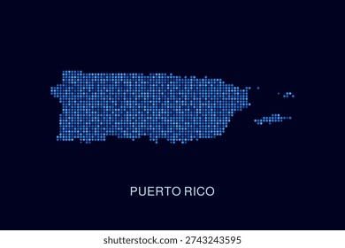 Puerto Rico Map - Blue Dotted Halftone Vector Illustration on Dark Navy Background, Abstract Circle Grid Silhouette Design for Infographic and Modern Presentation Use.