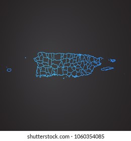 Puerto rico map: blue glitter outline with sparkling stars on dark background. Detailed map of Puerto rico. Vector illustration.