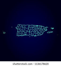 Puerto rico map: blue glitter outline with sparkling stars on dark background. Detailed map of Puerto rico. Vector illustration.