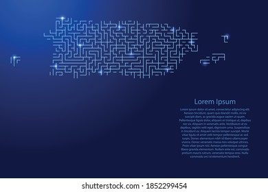 Puerto Rico map from blue pattern of the maze grid and glowing space stars grid. Vector illustration.
