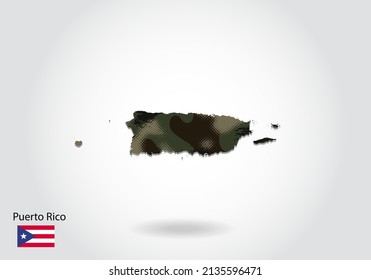 Puerto Rico map with camouflage pattern, Forest - green texture in map. Military concept for army, soldier and war. coat of arms, flag.