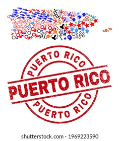 Puerto Rico map collage and unclean Puerto Rico red circle watermark. Puerto Rico seal uses vector lines and arcs. Puerto Rico map collage contains helmets, houses, screwdrivers, suns, hands,