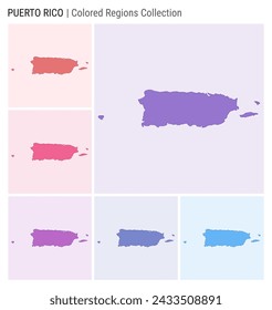 Puerto Rico map collection. Country shape with colored regions. Deep Purple, Red, Pink, Purple, Indigo, Blue color palettes. Border of Puerto Rico with provinces for your infographic.
