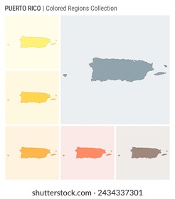 Puerto Rico map collection. Country shape with colored regions. Blue Grey, Yellow, Amber, Orange, Deep Orange, Brown color palettes. Border of Puerto Rico with provinces for your infographic.