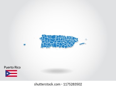 Puerto Rico map design with 3D style. Blue Puerto Rico map and National flag. Simple vector map with contour, shape, outline, on white.