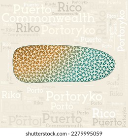 Puerto Rico map design. Country names in different languages and map shape with geometric low poly triangles. Attractive vector illustration of Puerto Rico.