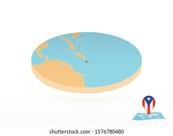 Puerto Rico map designed in isometric style, orange circle map of Puerto Rico for web, infographic and more.