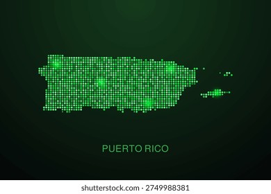 Puerto Rico Map - Digital dotted map with glowing green points on dark background, modern technology style, abstract data network design, clean minimal geometric vector illustration.