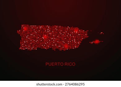 Puerto Rico Map - Digital dotted map with glowing red points on dark background, modern technology style, abstract data network design, clean minimal vector illustration.
