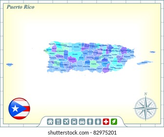 Puerto Rico Map with Flag Buttons and Assistance & Activates Icons Original Illustration