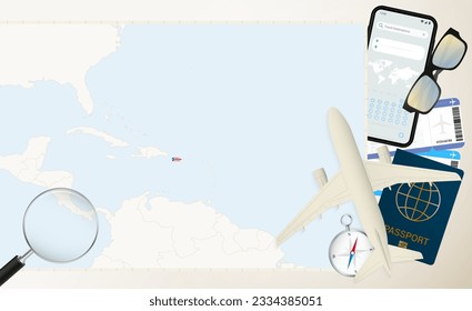 Puerto Rico map and flag, cargo plane on the detailed map of Puerto Rico with flag, passport, magnifying glass and airplane. Vector template.