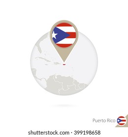 Puerto Rico map and flag in circle. Map of Puerto Rico, Puerto Rico flag pin. Map of Puerto Rico in the style of the globe. Vector Illustration.