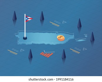 Puerto Rico Map, Flag and Currency Modern Isometric Business and Economy Vector Illustration Design
