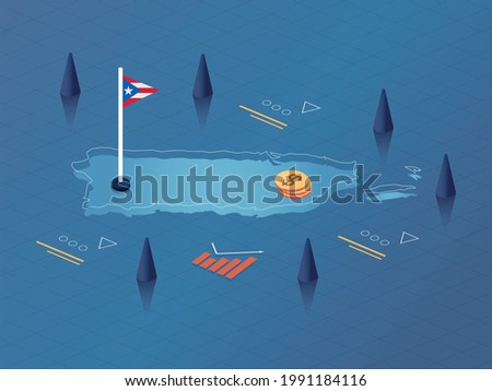 Puerto Rico Map, Flag and Currency Modern Isometric Business and Economy Vector Illustration Design
