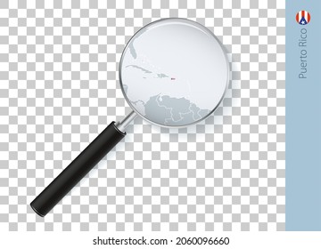 Puerto Rico map with flag in magnifying glass on transparent background. Vector loupe with map.
