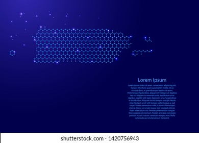 Puerto Rico map from futuristic hexagonal shapes, lines, points  blue and glowing stars in nodes, form of honeycomb or molecular structure for banner, poster, greeting card. Vector illustration.
