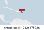 Puerto Rico map highlighted in Puerto Rico flag colors and pin of country capital San Juan, map with neighboring American countries.