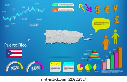 Gráficos de información de mapas de Puerto Rico - colección de gráficos, símbolos, elementos e iconos. Mapa detallado de Puerto Rico con elementos de infografía de negocios de alta calidad.