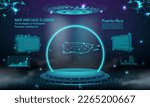 puerto Rico map light connecting effect background. abstract digital technology UI, GUI, futuristic HUD Virtual Interface with puerto Rico map. Stage futuristic podium in fog.
