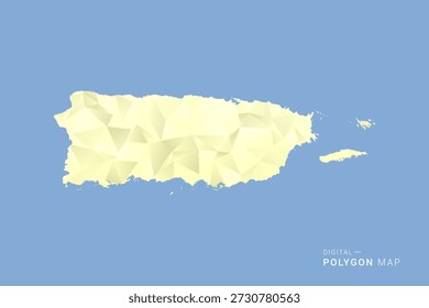 Mapa de Puerto Rico en estilo de Vector de polígono bajo, ilustración de forma geométrica con tonos amarillos suaves sobre fondo azul, silueta limpia para infografía.